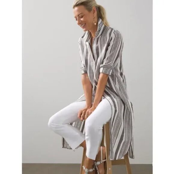 Chico's Tops - Chico's Linen Blend Stripe Maxi Shirt Size 1 (8-10)